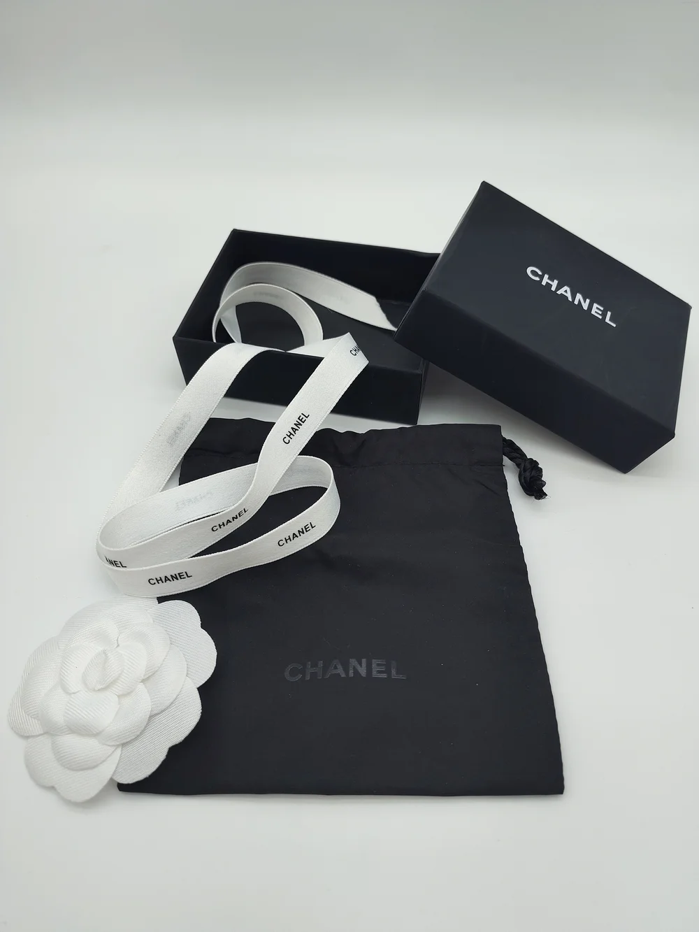 CHANEL Presentation Box Dust Bag Camellia Ribbon Gift Packaging Set Black EUC
